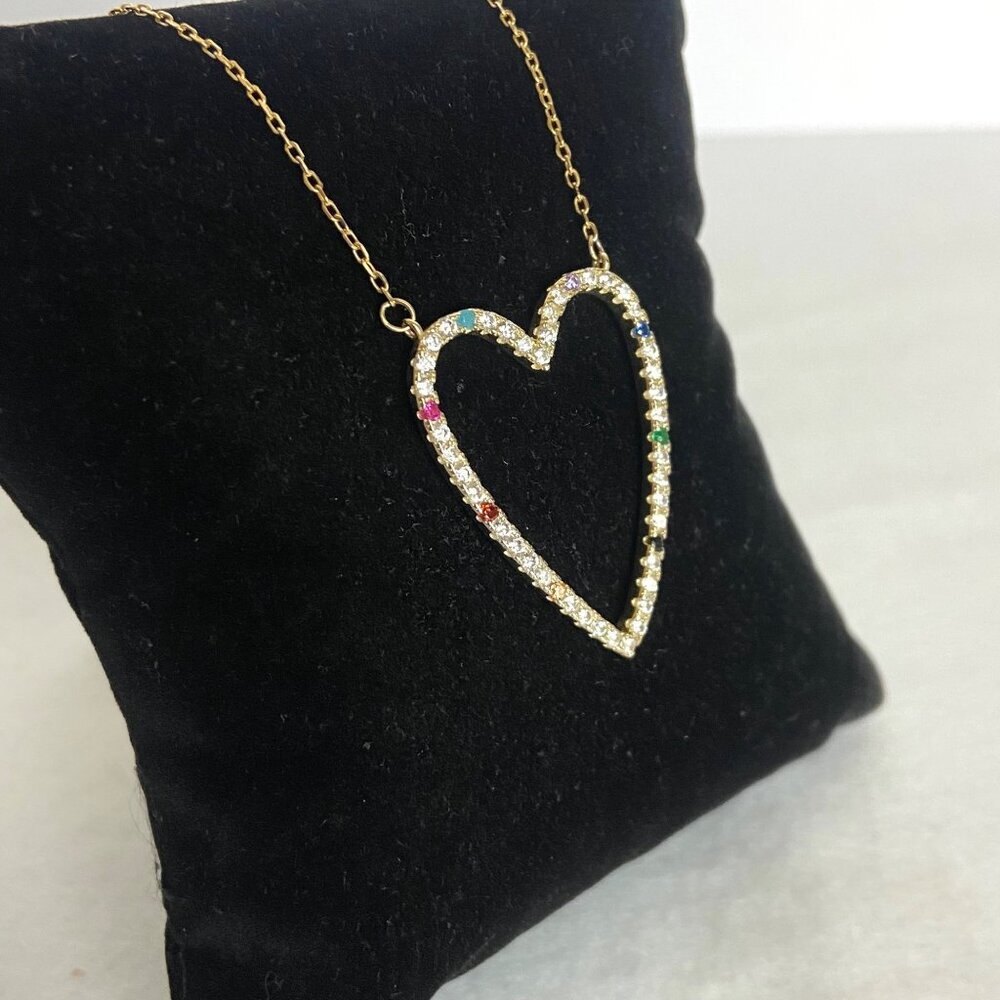 Gold Vermeil Sterling Silver 925 Open Heart Rainbow Pave Pendant Necklace 16-18" - Picture 14 of 16